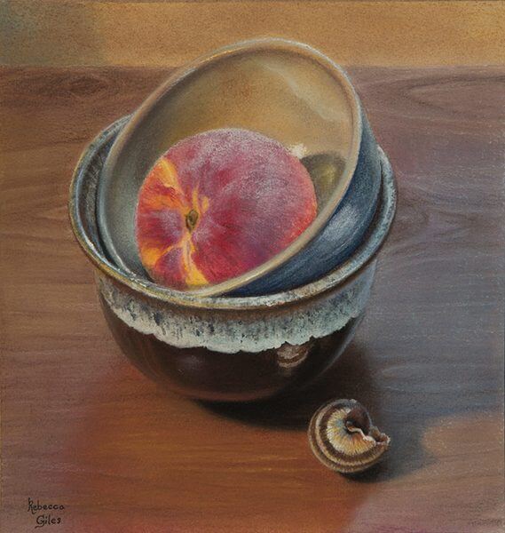 Still life painting of a peach in a bowl on a wooden table