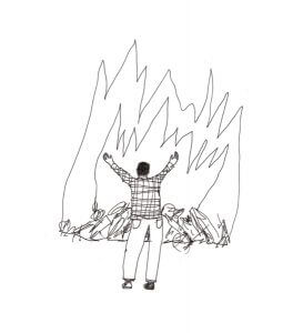 Simple illustration of a man in distress in front of a fire