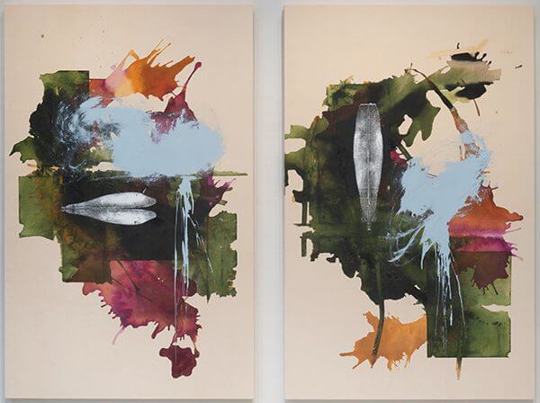 An abstract diptych of a landscape in greens and rusty oranges, plum, and splotches of sky blue