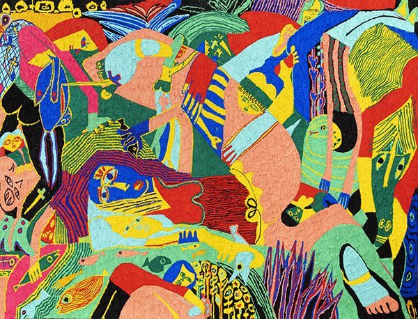 A colorful abstract painting of women fishing