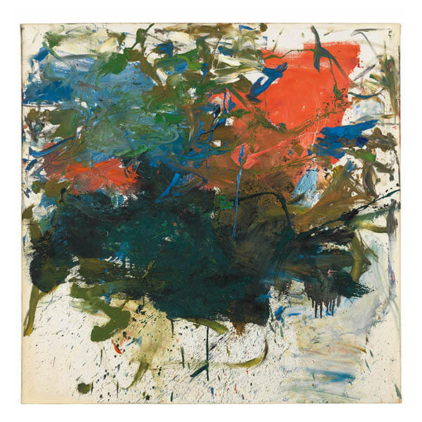 An abstract painting featuring shades of green, orange, and blue