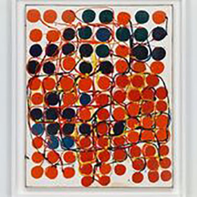 An abstract painting with red and navy dots referencing bulbs, wiring, and geometric patterns.