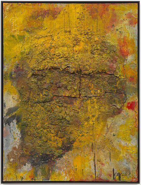 A mustard yellow mixed media work with a gravel-like texture