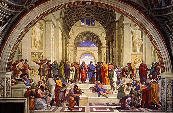 Raphael's School of Athens, a painting of a gathering of men in a temple