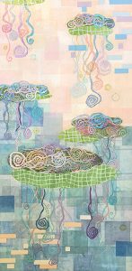 Kathy Ferguson, Spiral Garden. Mixed media (acrylic and paper) on canvas, 36” x 16”