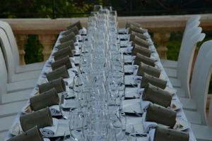 place settings with beakers Kate Charlton-Jones made for her son's wedding