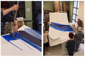 Bette Ridgeway demonstrating her pouring technique in her studio