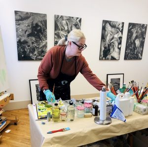 Nancy McTague-Stock working at her studio in Connecticut