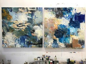 close up of painter Krista Harris's paintings in her studio