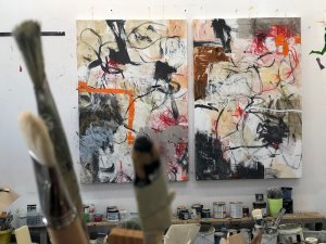 close up of painter Krista Harris's paintings in her studio