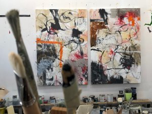close up of painter Krista Harris's paintings in her studio