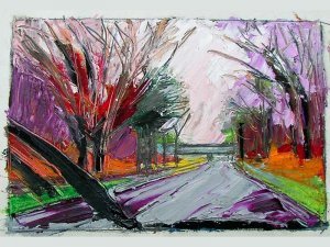 Helen Cantrell, Merritt Parkway Rain, 1984. Pencil and oil pastel, 4” x 6”