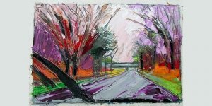 Helen Cantrell, Merritt Parkway Rain, 1984. Pencil and oil pastel, 4” x 6”