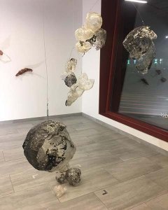 Magdalena Dukiewicz, Entropy, site specific installation, 2018. Cuttlefish ink and hydrolyzed collagen with air bubbles, metal wire, dimension variable Photo Credit-Laura Merrill