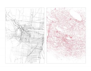 Richelle Gribble, Paths: Philadelphia, PA. Charcoal, spider web on bamboo washi.