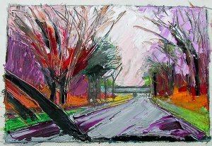 Helen Cantrell, Merritt Parkway Rain, 1984. Pencil and oil pastel, 4” x 6”