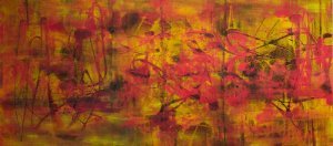 Liz Dexheimer, Koi Pond Pink and Green, 2012. Oil on panel, 24” x 54” (triptych)