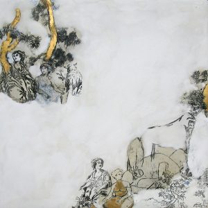 Jen Bradley, Vignette V – A Misunderstanding. Plaster, ink, screen print, gold leaf on wood panel, 12’’ x 12’’