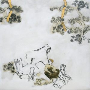 Jen Bradley, Vignette VI – Double Date. Plaster, ink, screen print, gold leaf on wood panel, 12” x 12”