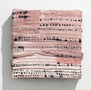 Lari Washburn, Venetian Mend #5, 2017. Textile, ink, cardboard, 13.5” x 13.5” x 4”