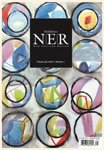 The cover of a magazine, with an abstract watercolor painting in the background