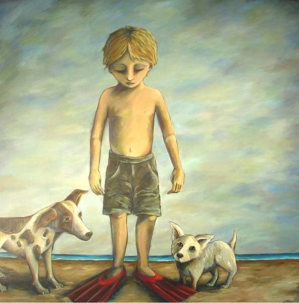 Painting of a boy in swimming flippers with his dogs