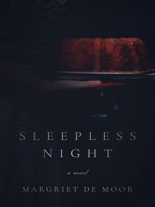 cover of a novel, a hand holding a bundt cake on a black background