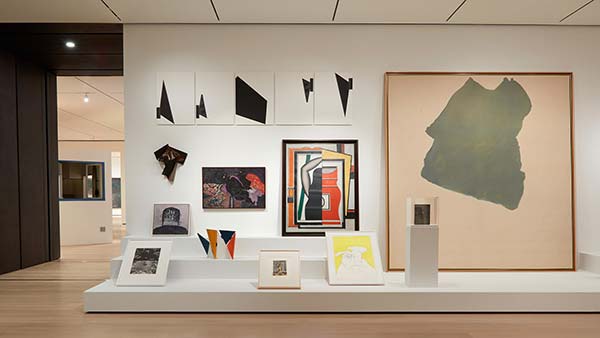 Installation view of Shape on Shape, abstract paintings, sculpture, and drawings