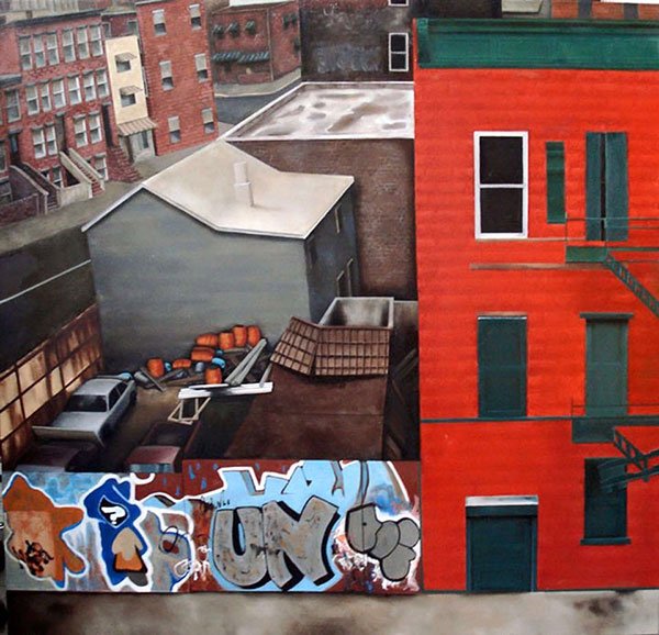 An oil painting of the roofs of city buildings from a view looking down