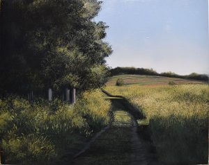Oil painting of a grassy hill and trees divided by a walking path