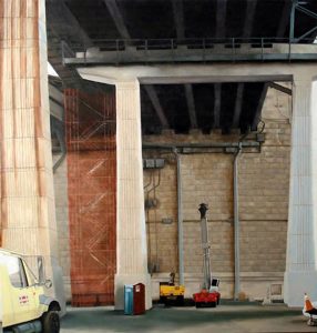 Oil painting of construction being done on a freeway bridge overpass