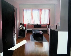 Realistic oil painting of a living room from a tilted perspective