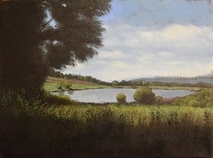 Oil painting of a lake surrounded by a grassy field