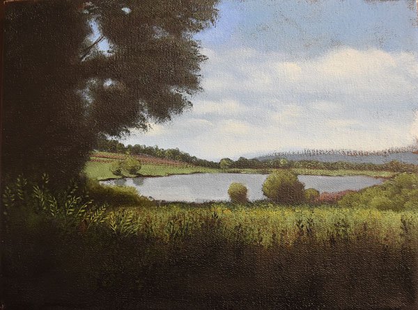 An oil painting of a lake in the middle of a grassy field