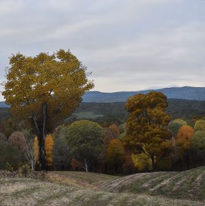 Oil painting of a field at the top of a hill with trees