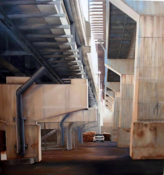 An oil painting of the bottom of a freeway bridge