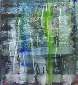 watery blue, purple, and green oils on linen bleeding and spilling like watercolors and creating vertical ribbons of color