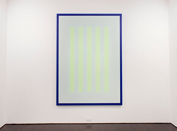 Exhibtions of place and space: A painting of yellow neon vertical stripes on a white background, with a bright blue border