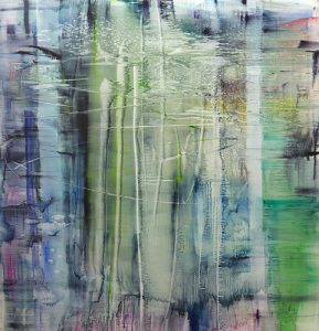 watery blue, purple, and green oils on linen bleeding and spilling like watercolors and creating vertical ribbons of color