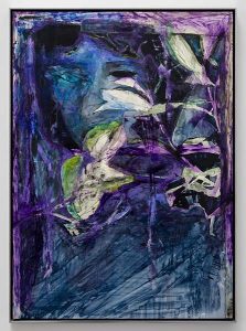 A purplish-blue abstract portrait of a girl holding white flowers