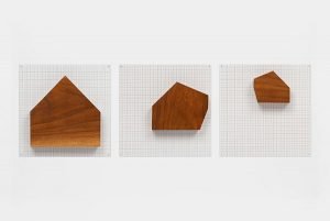 three house-shaped wooden blocks of varying sizes on silkscreen