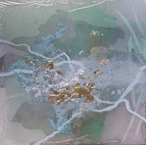 An abstract painting with earth tones, using gold leaf and iridescent color in the middle