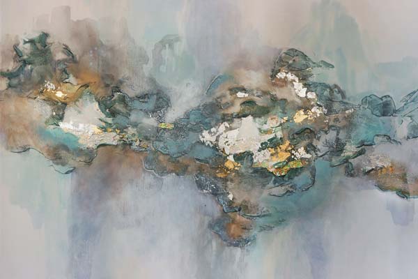 An abstract painting using gold leaf, and pastel blues and purples