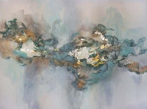An abstract painting using gold leaf, and pastel blues and purples