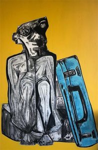 An abstract drawing of a man sitting next to a suitcase against a bright yellow background