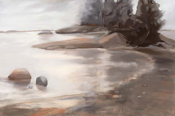 A painting of a cove in muted brown tones