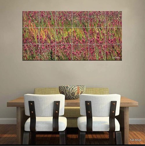 A photograph of a field of magenta flowers printed onto ceramic tiles