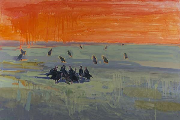 An abstract painting of vultures around a carcass