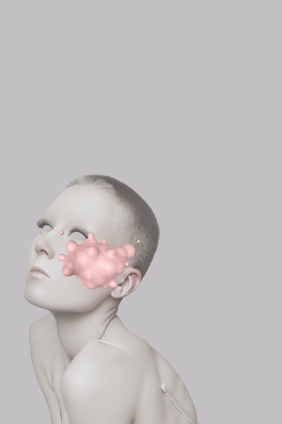 An image of a female figure with an animated bubble floating over her face