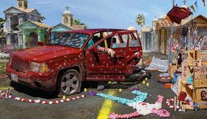 A staged photograph of an abstract scene of the aftermath of a car shooting